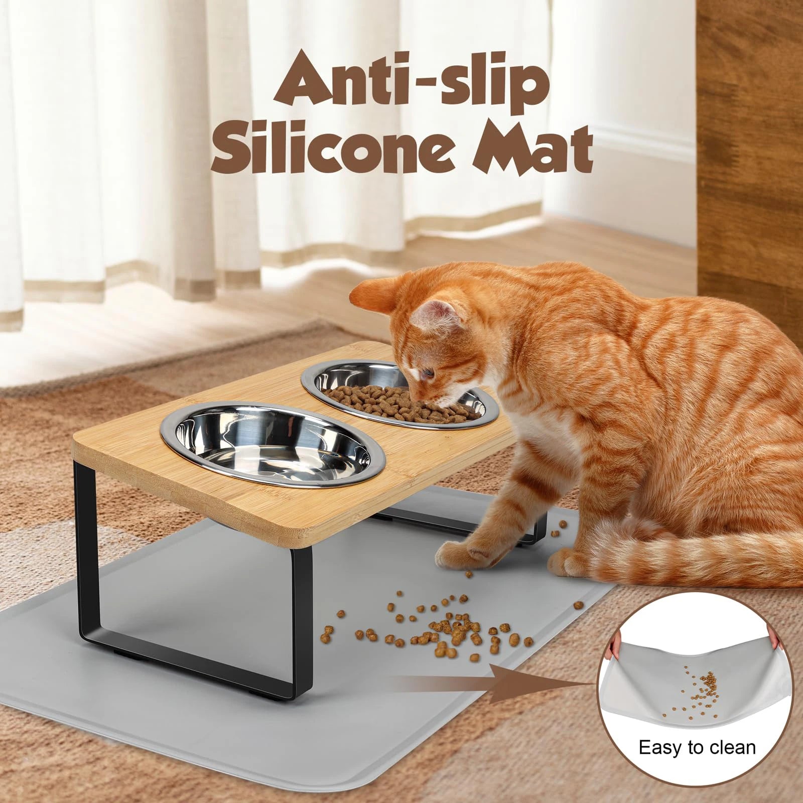 Gamelles surélevées inclinées en inox avec tapis pour chat — 15°