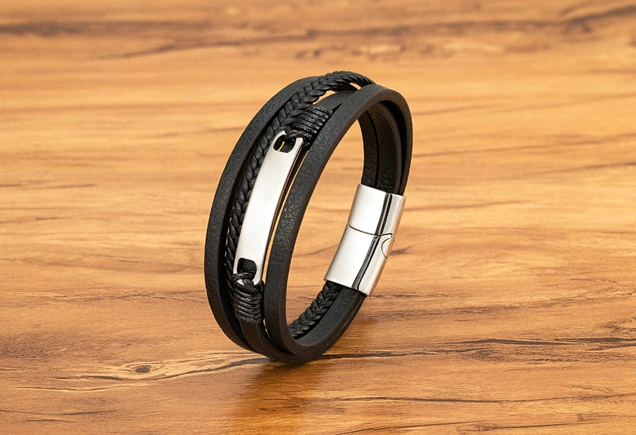 Bracelet Homme Multicouche Cuir & Acier – Style Classique XQNI