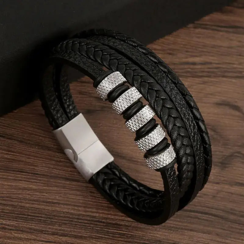 Bracelet en Cuir Multicouche Homme – Style Punk Classique | Tissé à la Main • Boucle Magnétique