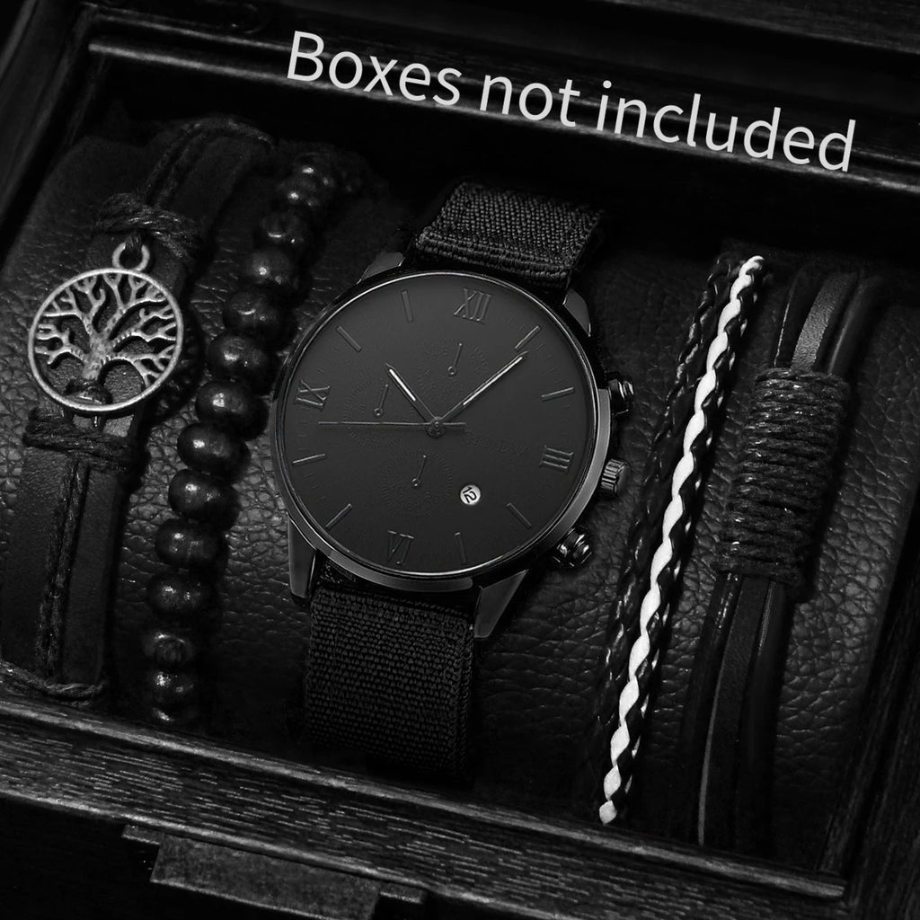 Montre Quartz Homme + Bracelets – Nylon / Cuir – Set 4 ou 5 pièces (Sans Boîte)