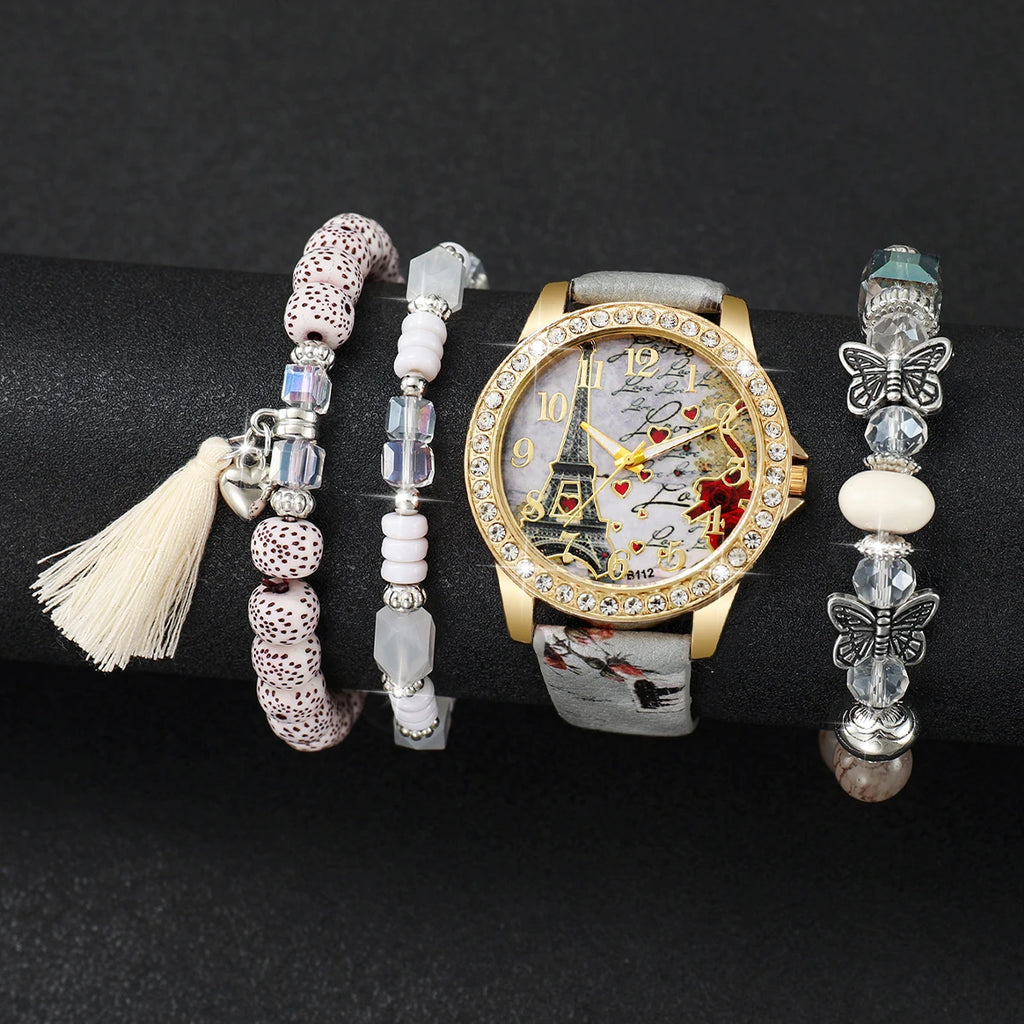 Ensemble Montres & Bracelets Strass – Fleurs & Cuir – Femme (3 / 4 / 5 pièces)