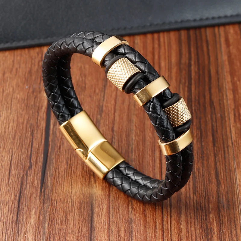 Bracelet Cuir Tressé & Acier – Fermoir Magnétique Homme