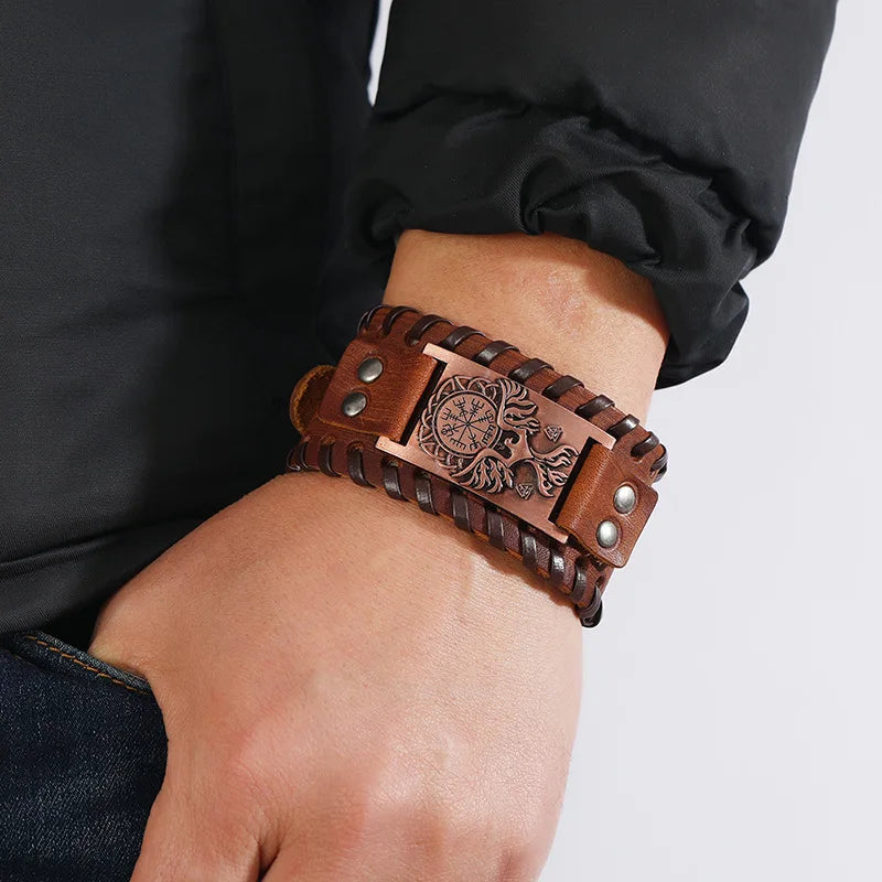 Bracelet Viking Homme – Cuir Tressé & Rune Nordique | Boussole & Dieu Oiseau
