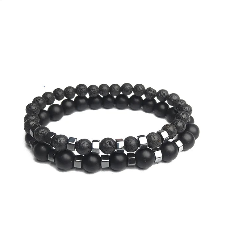 Bracelets Homme – Pierre Volcanique & Perles Noires Givrées | Double Couche