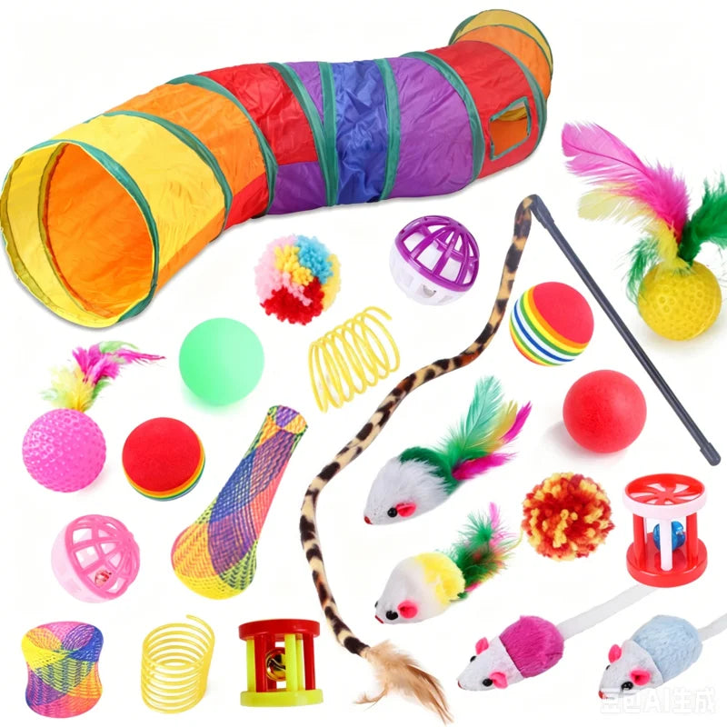 Ensemble de jouets pour chat — tunnel, canne à plume, souris et balles