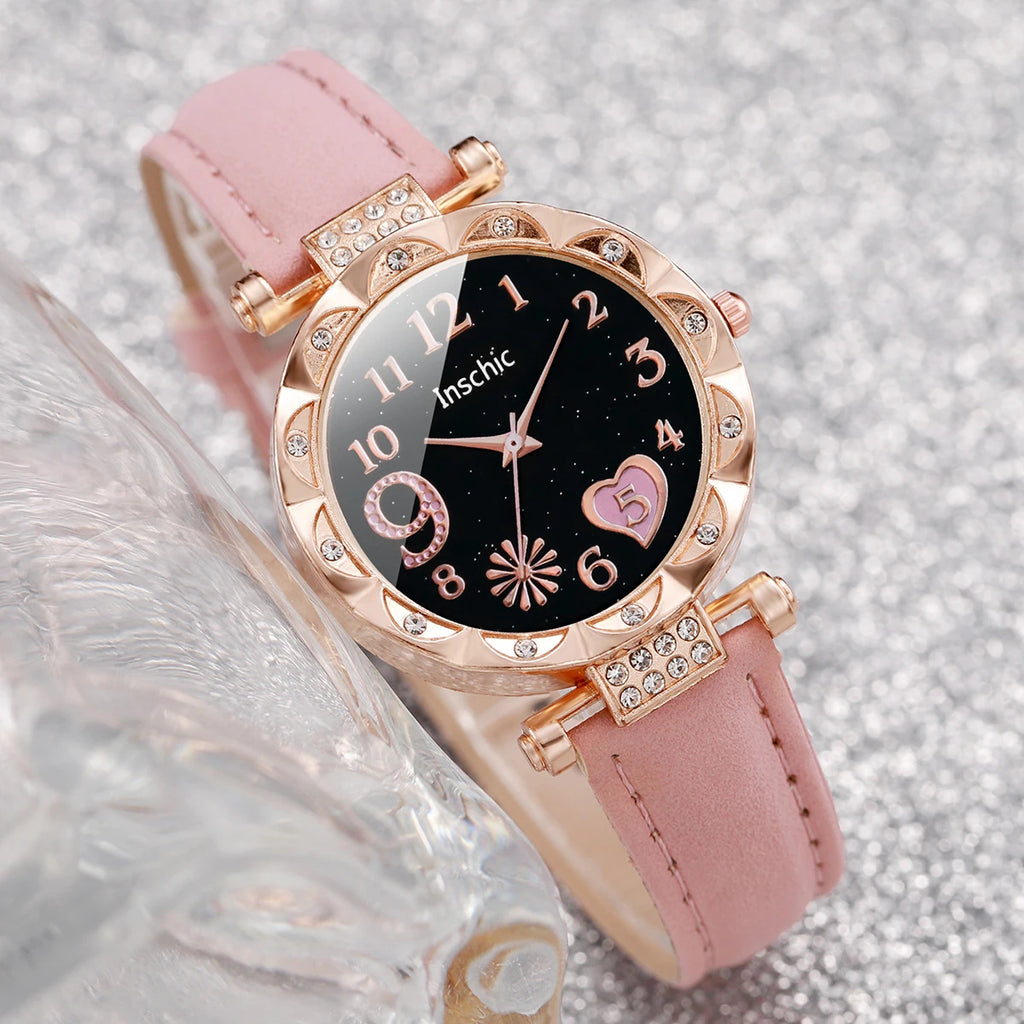 Montre Femme Cœur – Ensemble 6 Pièces Bracelet + Montre (Sans Boîte)