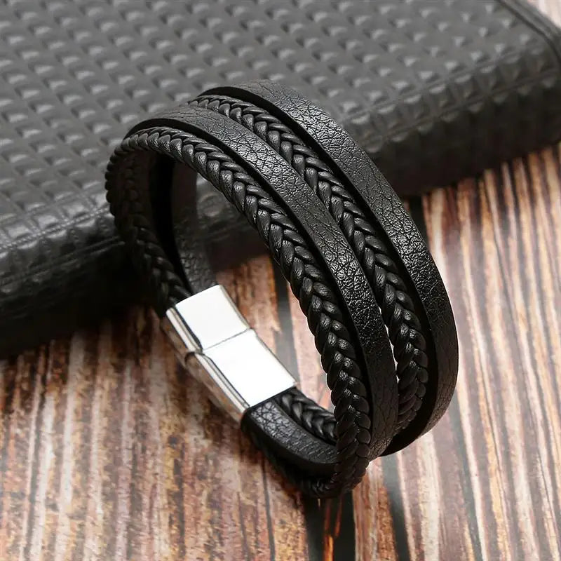 Bracelet en Cuir Multicouche Homme – Style Punk Classique | Tissé à la Main • Boucle Magnétique