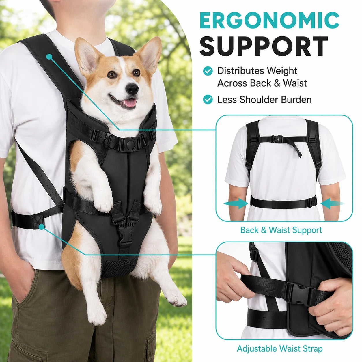 Sac de portage ventral pour chien — mains libres, mesh respirant