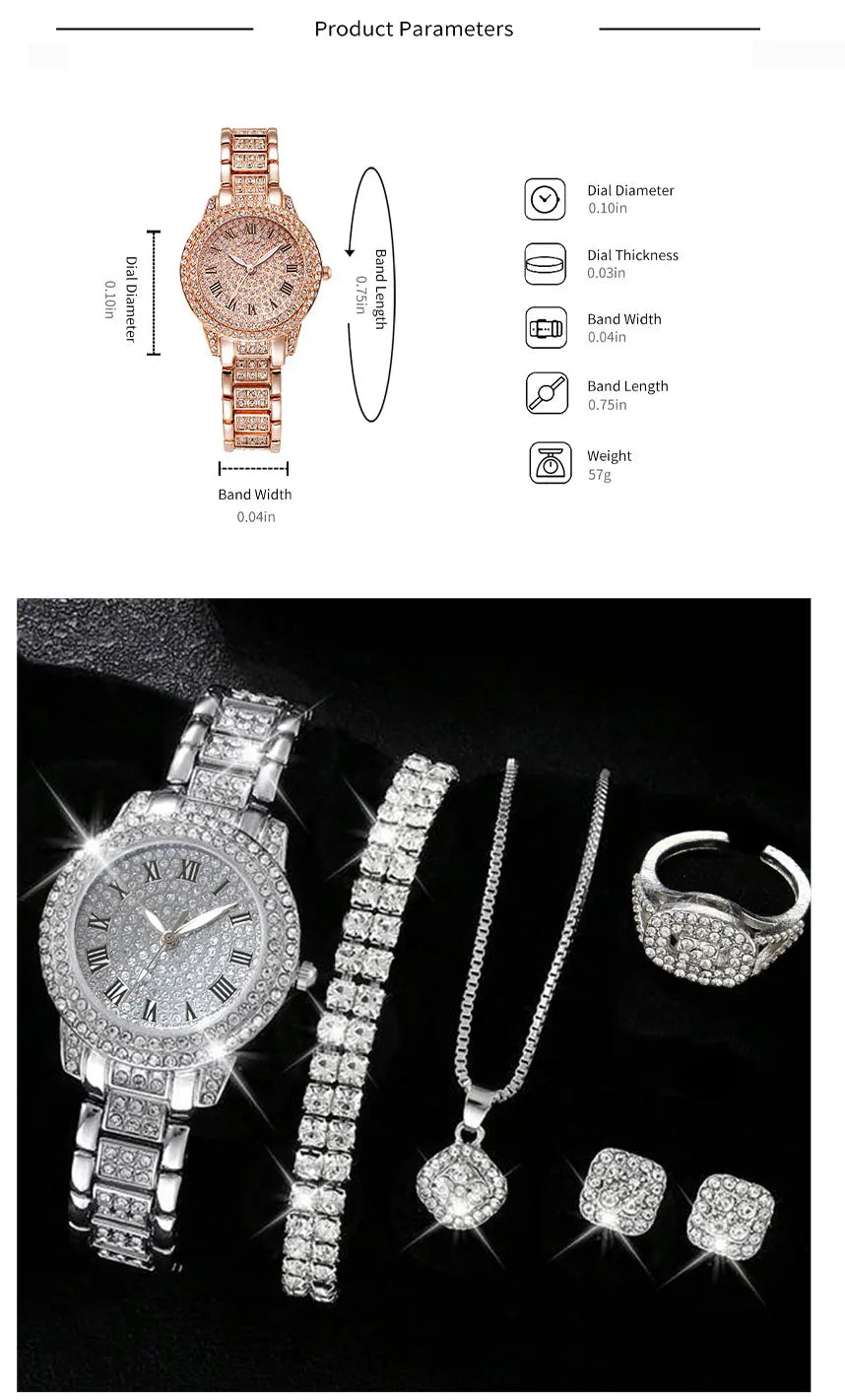 Montres Femme Luxe – Set Élégant 6 Pièces (Quartz • Cristal • Alliage)