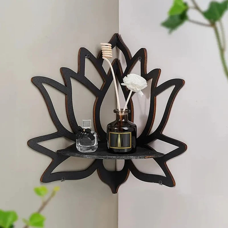 Étagère Murale Lotus en Bois – Support Décoratif & Porte-Aromathérapie
