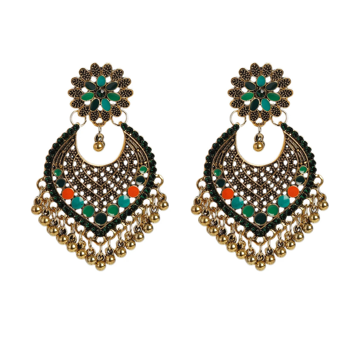 Boucles d’Oreilles Jhumka Indiennes – Cœur Doré, Perles & Pompon – Style Vintage Éthnique