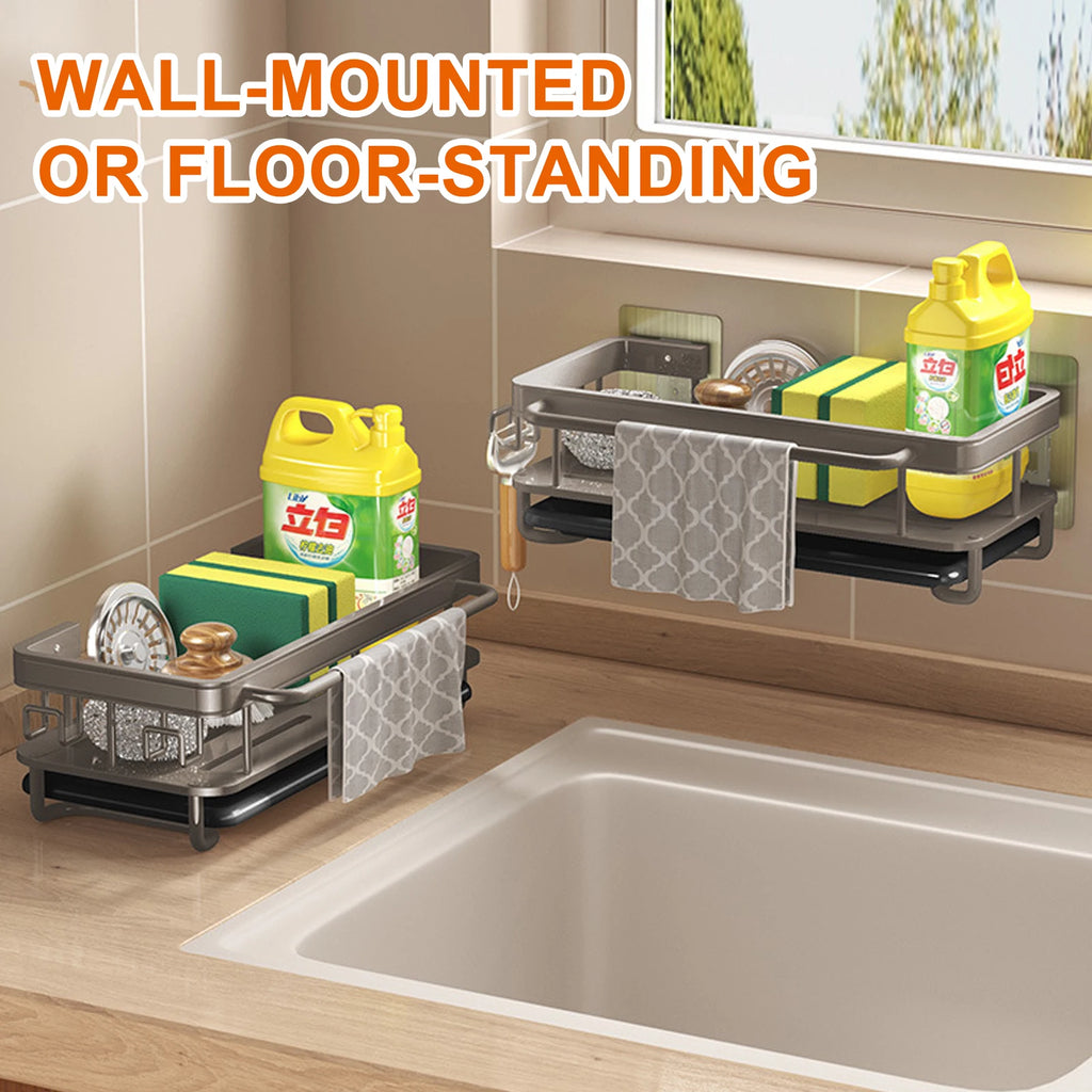 Égouttoir d’Évier en Aluminium avec Plateau – Support Éponge, Savon & Serviette | 1 Niveau