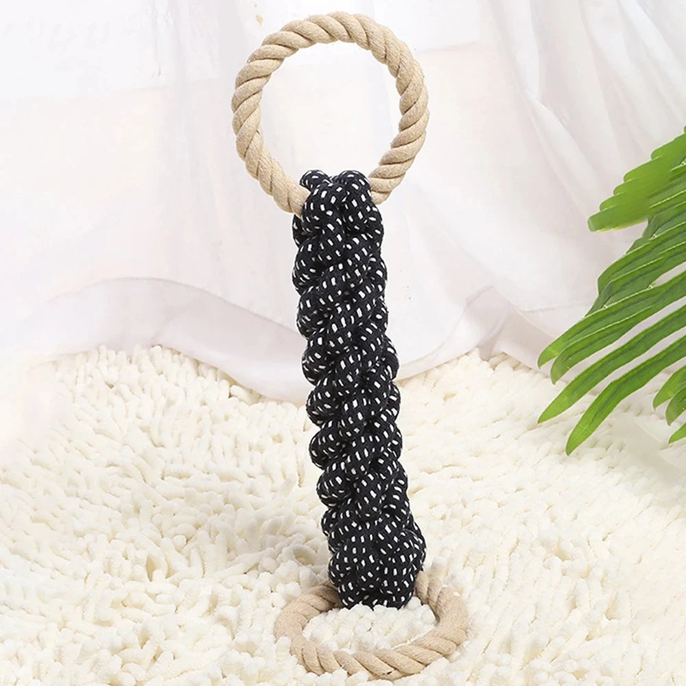 Jouet corde en coton à double anneau pour chien — résistant, jeu de traction