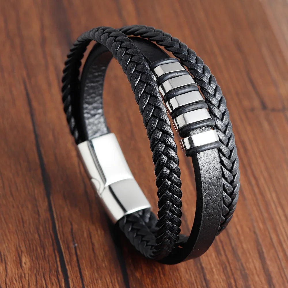Bracelet Cuir Tressé & Acier – Fermoir Magnétique Homme
