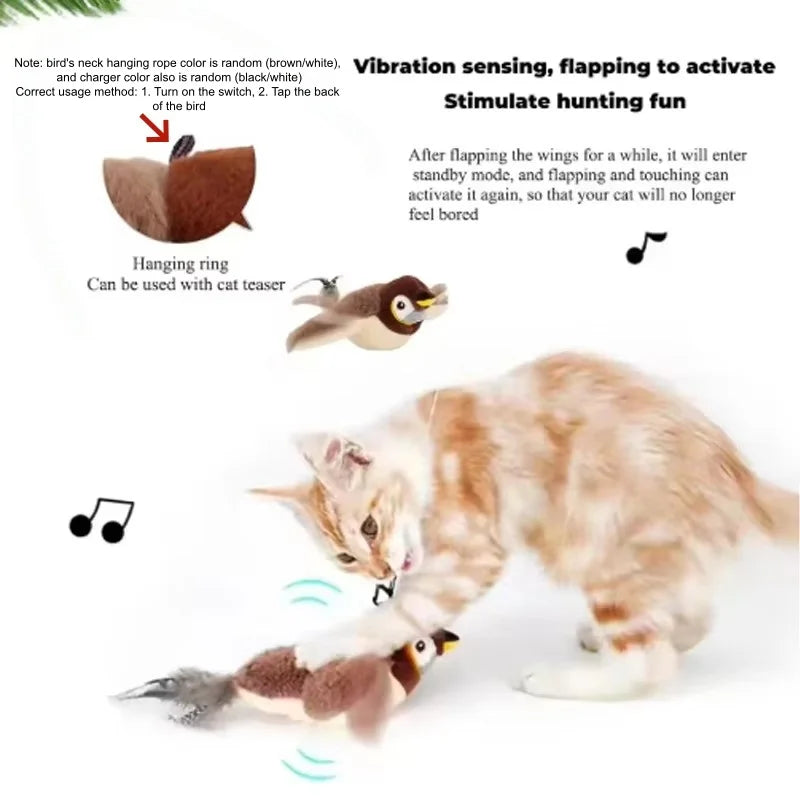 Oiseau simulé interactif rechargeable pour chat et chien — chant et battement d'ailes