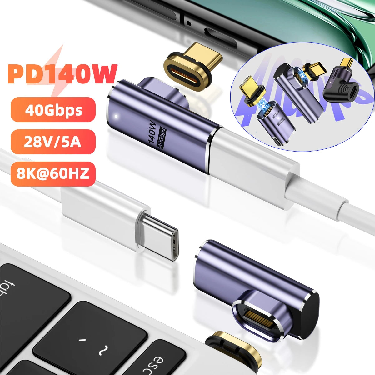 Adaptateur Magnétique USB-C USB4.0 / Thunderbolt 3 – 140W, 40Gbps, 8K