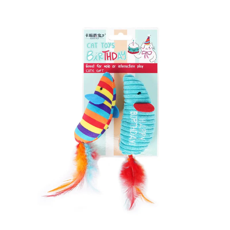 Lot de 2 souris à plumes pour chat — jouets teaser à la cataire