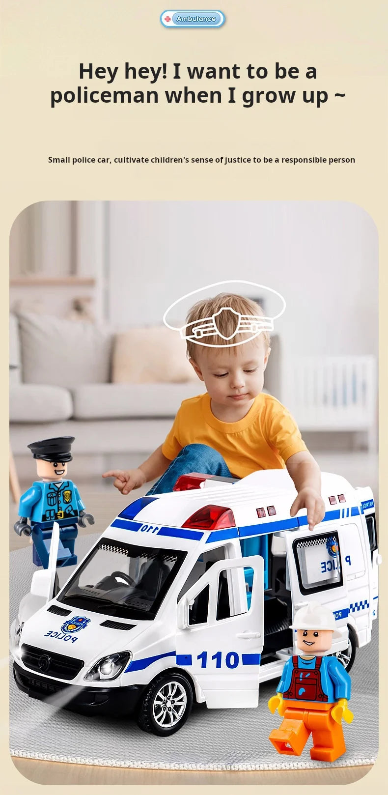 Mini Véhicule d’Urgence 1:32 en Alliage – Ambulance / Police (Son & Lumière)