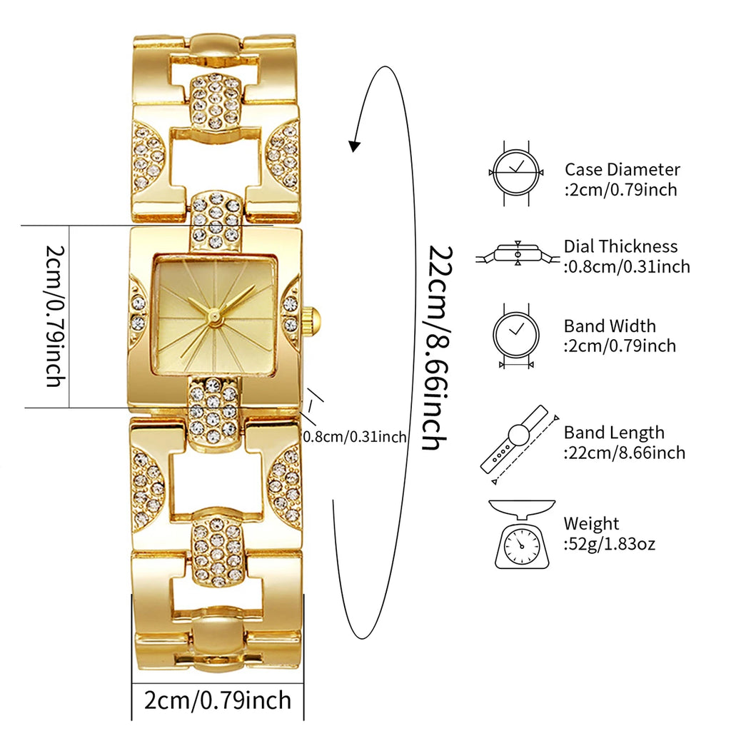 Montre Femme Luxe Quartz – Cadran Carré Diamant (Sans Boîte)