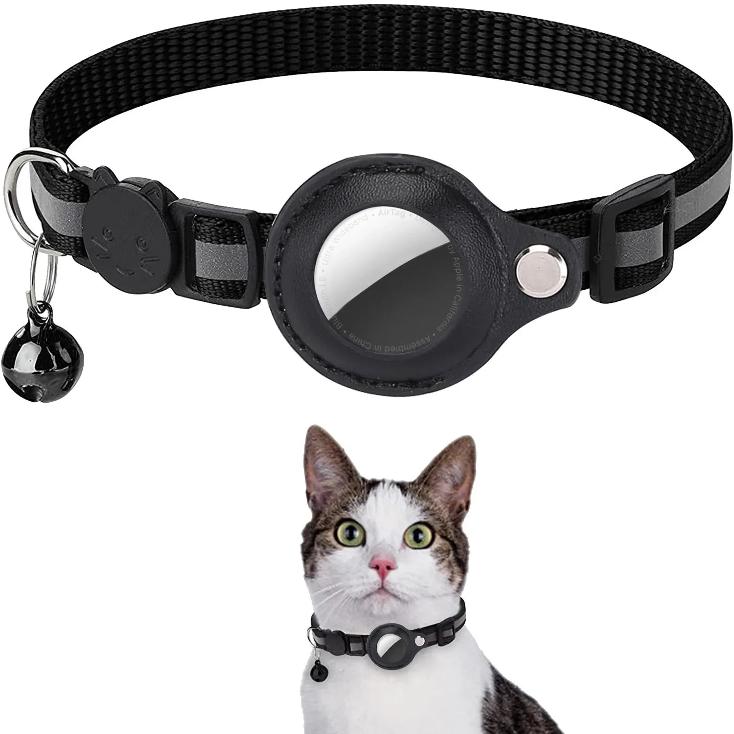 Collier chat support AirTag étanche avec grelot — réfléchissant