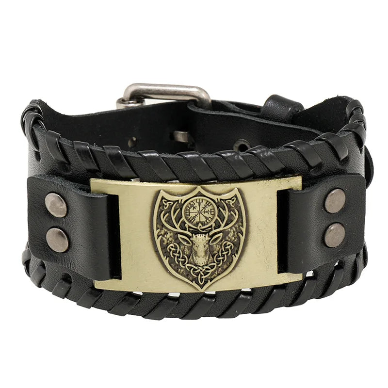 Bracelet Viking Homme – Cuir Tressé & Rune Nordique | Boussole & Dieu Oiseau