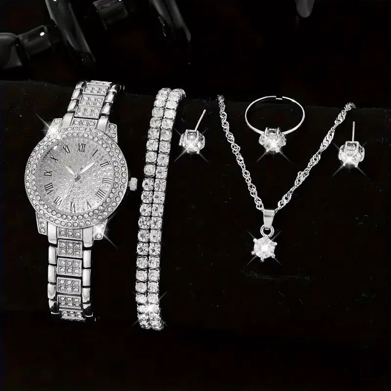 Montres Femme Luxe – Set Élégant 6 Pièces (Quartz • Cristal • Alliage)