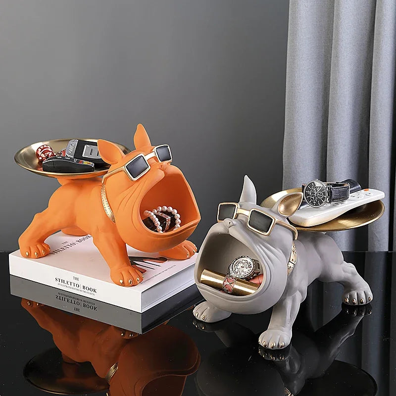 Statue Bouledogue avec Plateau Doré – Sculpture Design & Rangement Élégant