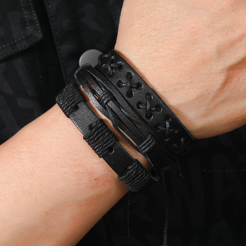 5 Bracelets Tressés en Cuir Noir – Style Punk Rock pour Hommes