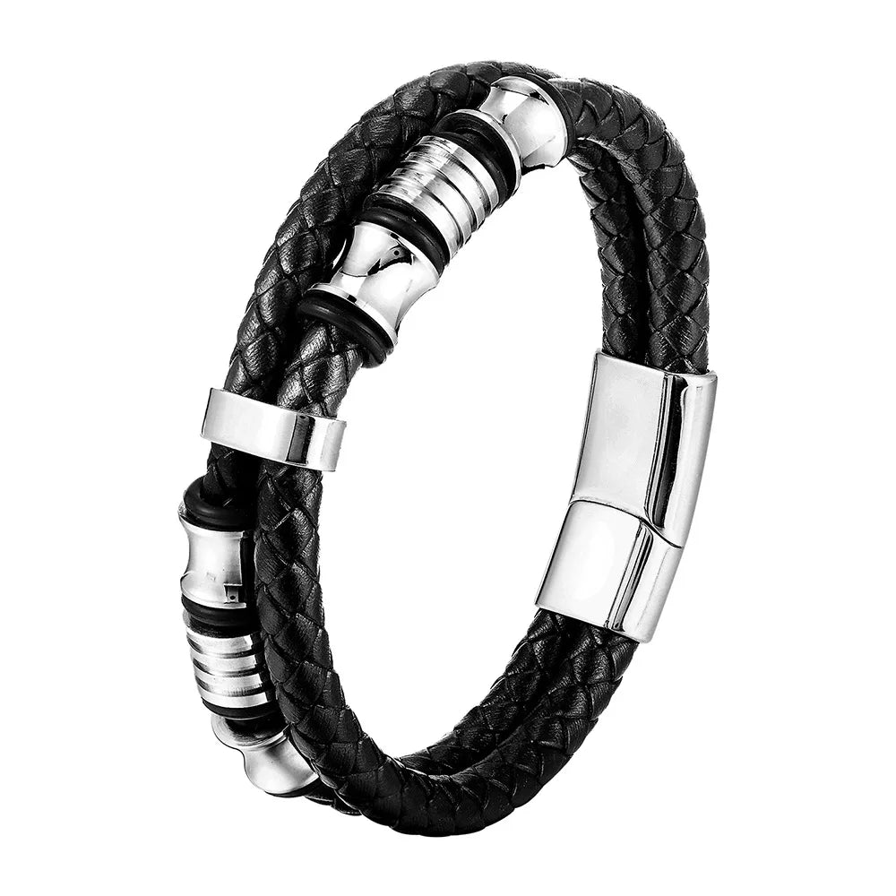 Bracelet Cuir Tressé & Acier – Fermoir Magnétique Homme