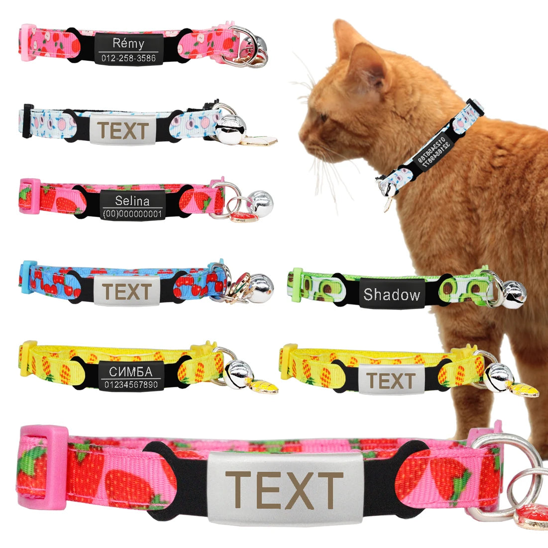 Collier chat motif fruits avec grelot — sécurité et plaque ID