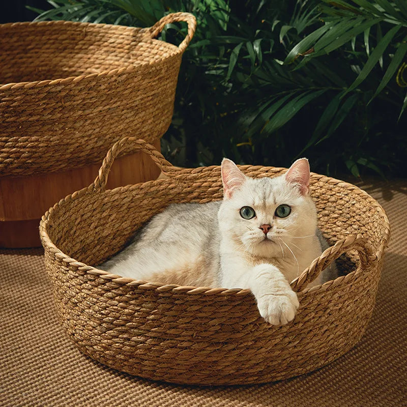 Panier en rotin tressé pour chat — couchage d'été