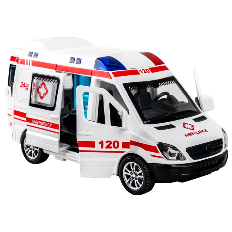 Mini Véhicule d’Urgence 1:32 en Alliage – Ambulance / Police (Son & Lumière)