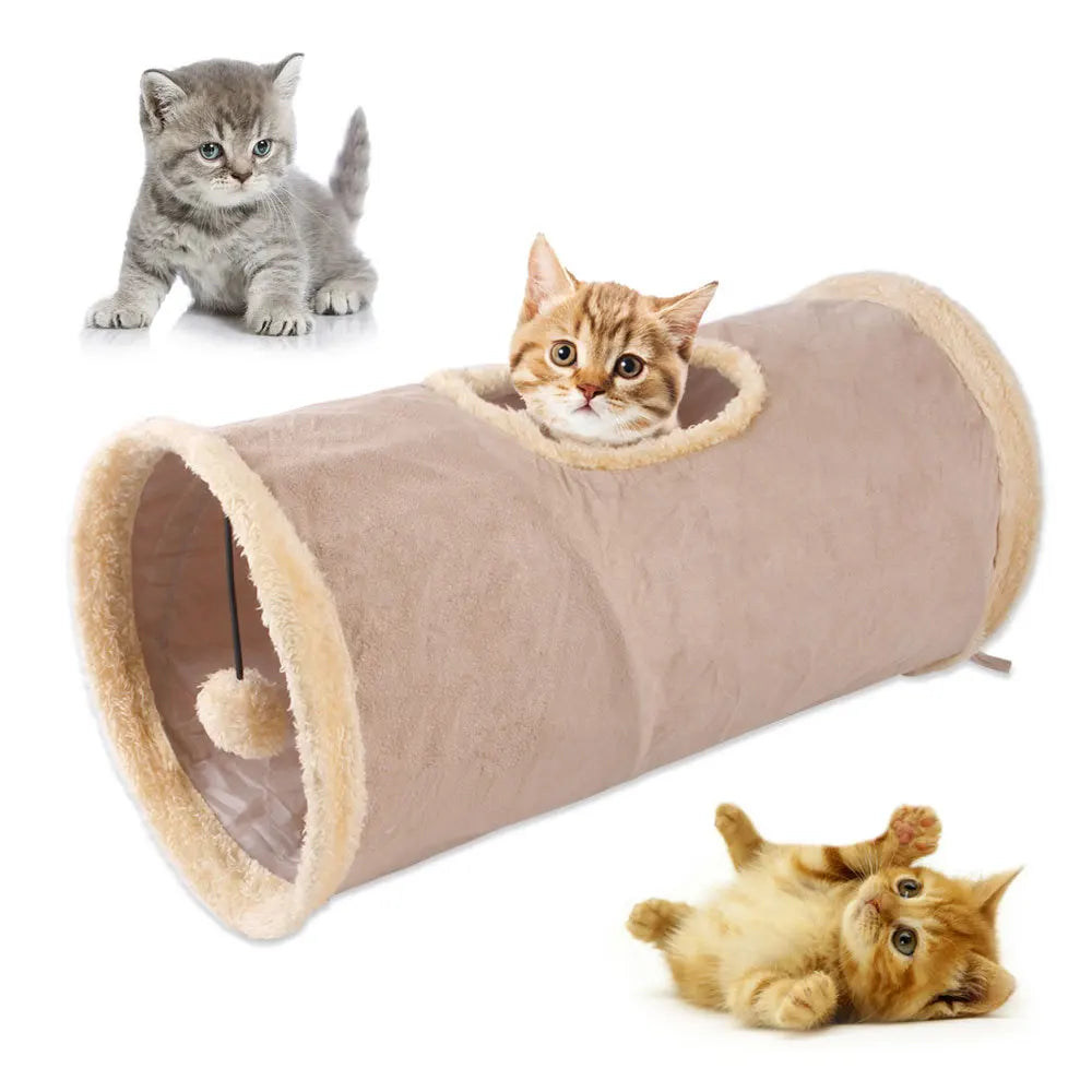 Tunnel en peluche suède pour chat — cachette de jeu