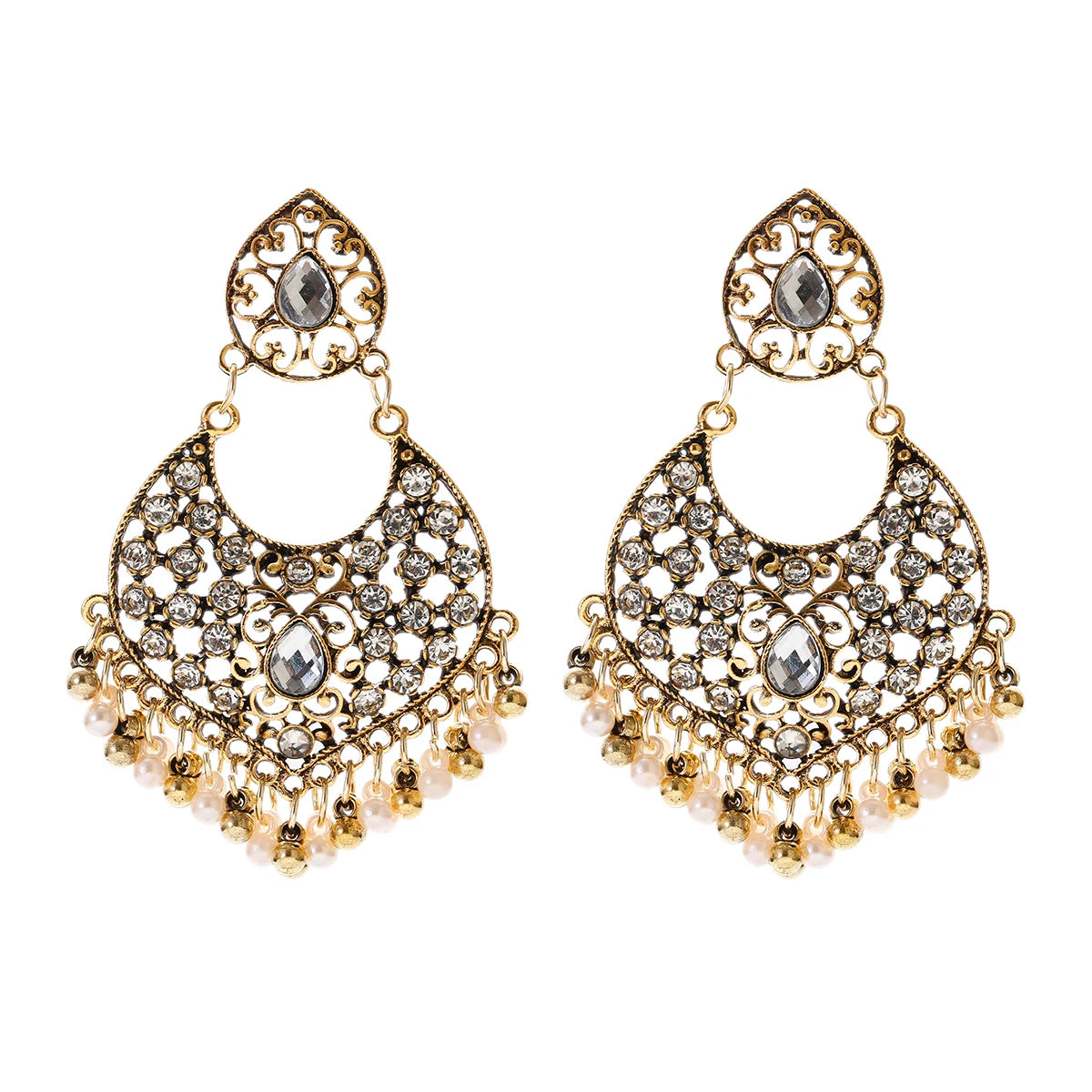 Boucles d’Oreilles Jhumka Indiennes – Cœur Doré, Perles & Pompon – Style Vintage Éthnique