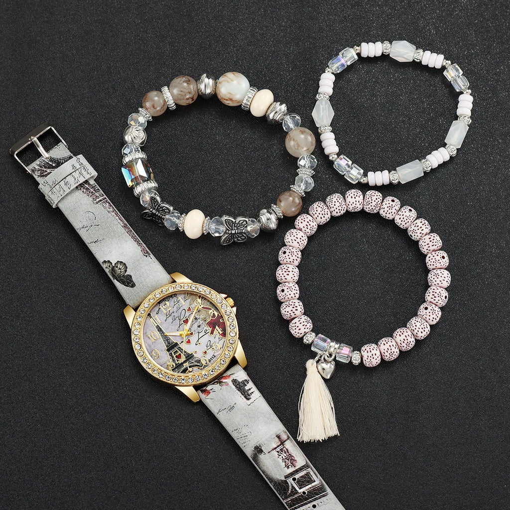 Ensemble Montres & Bracelets Strass – Fleurs & Cuir – Femme (3 / 4 / 5 pièces)