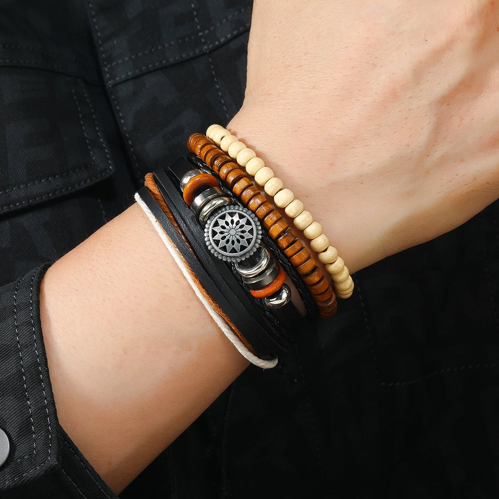 Bracelet Homme Luxe – Set de 4 Bracelets Tressés en Cuir (Style Ethnique Tribal)