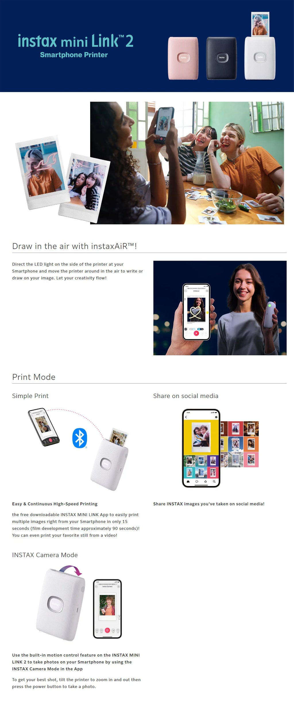 Fujifilm Instax Mini Link 2 – Imprimante Photo Instantanée + Packs Film (Plusieurs Bundles)