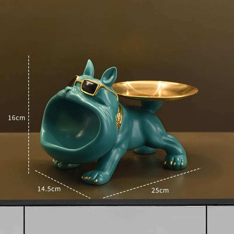 Statue Bouledogue avec Plateau Doré – Sculpture Design & Rangement Élégant