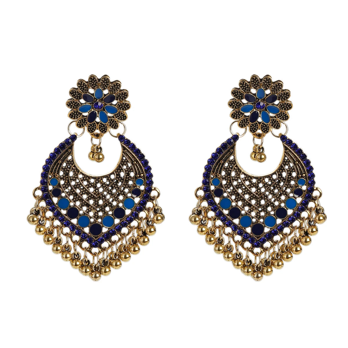 Boucles d’Oreilles Jhumka Indiennes – Cœur Doré, Perles & Pompon – Style Vintage Éthnique