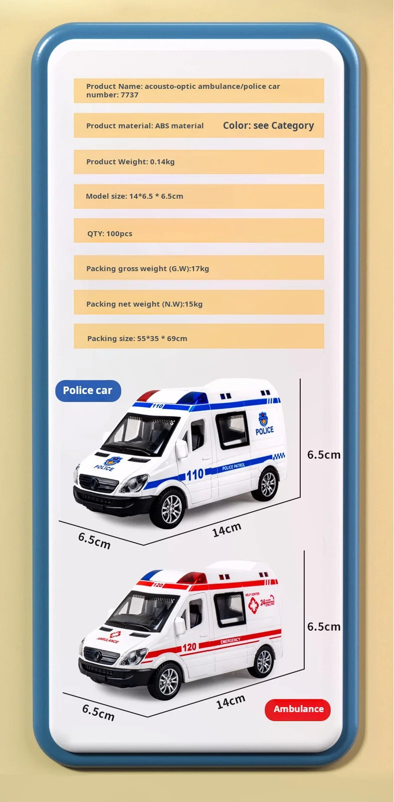 Mini Véhicule d’Urgence 1:32 en Alliage – Ambulance / Police (Son & Lumière)