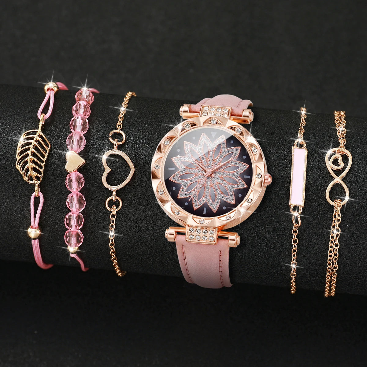 Montre Femme Cœur – Ensemble 6 Pièces Bracelet + Montre (Sans Boîte)