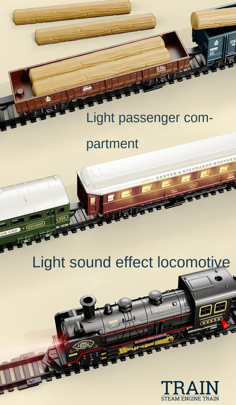 Train Électrique Rétro – Locomotive à Vapeur & Wagon Fret – Pistes Haute Vitesse (Plusieurs Sets)