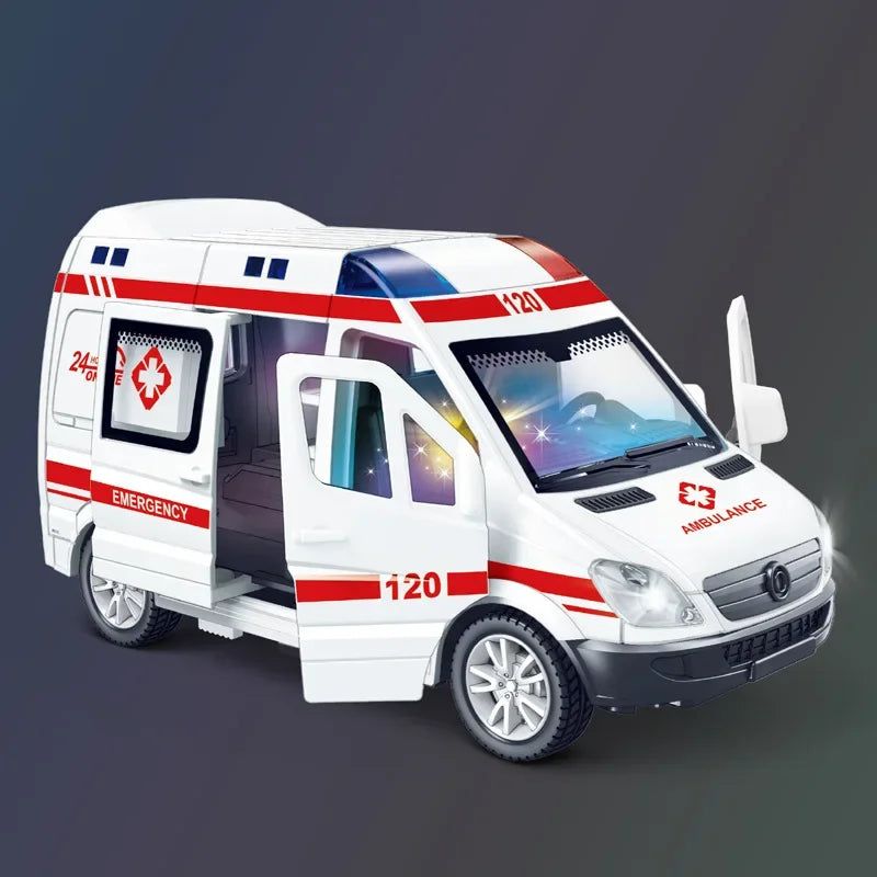 Mini Véhicule d’Urgence 1:32 en Alliage – Ambulance / Police (Son & Lumière)