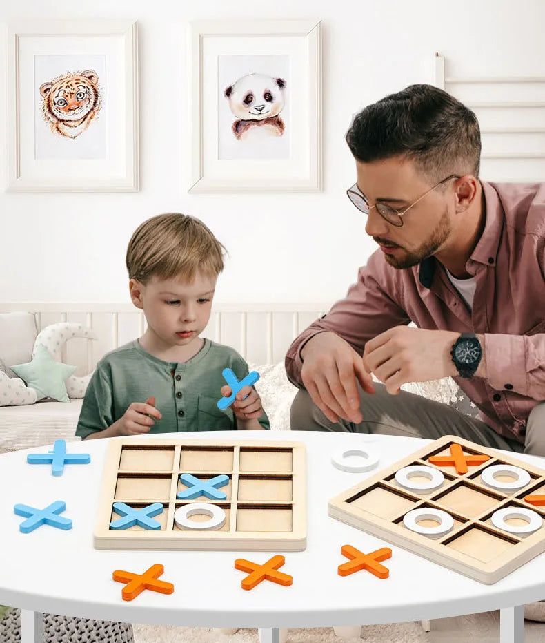 Puzzle d’Échecs Montessori XO – Formes Géométriques 3D – Jeu Éducatif en Bois (3+)