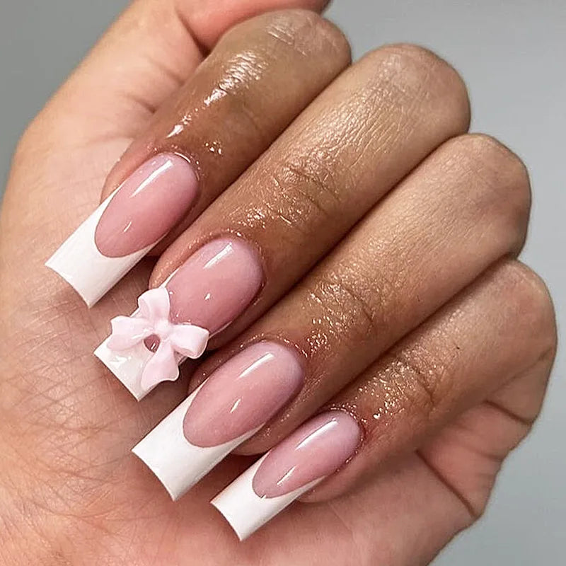 24 Pièces Faux Ongles French 3D – Nœud Papillon Élégant & Manucure Professionnelle DIY