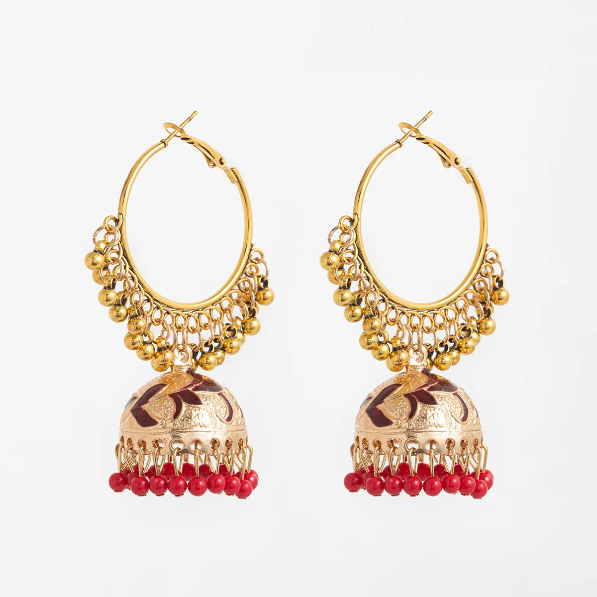 Jhumka Grand Rond Doré – Boucles d’Oreilles Indiennes Vintage Éthniques – Émail, Fleur & Cloche
