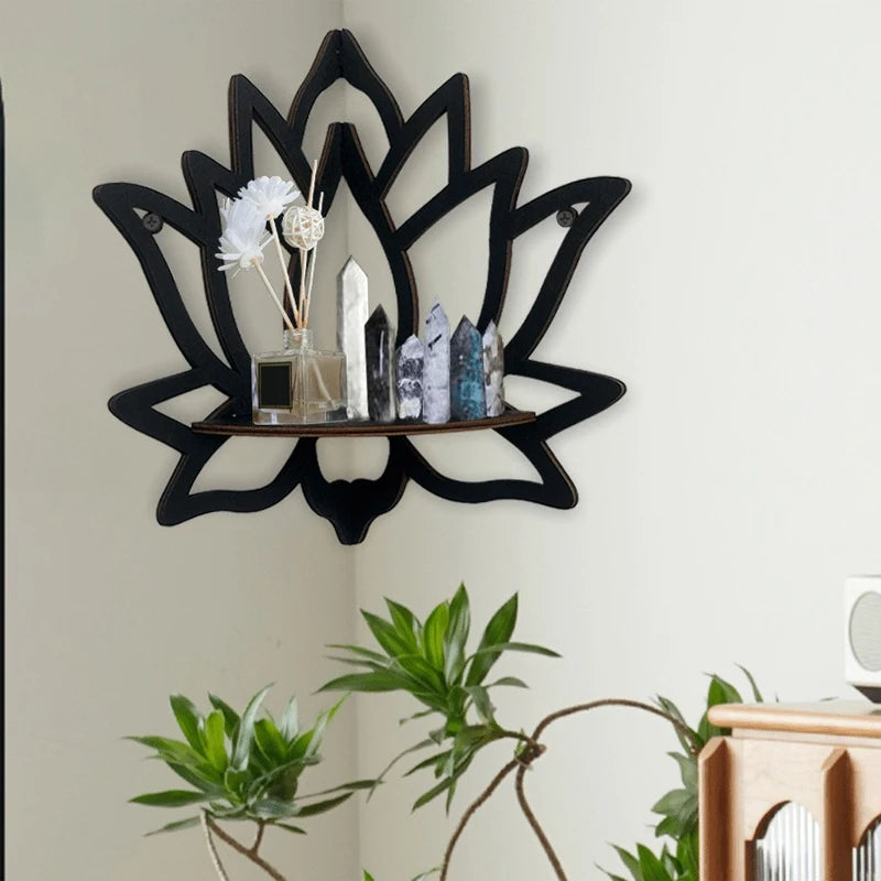 Étagère Murale Lotus en Bois – Support Décoratif & Porte-Aromathérapie