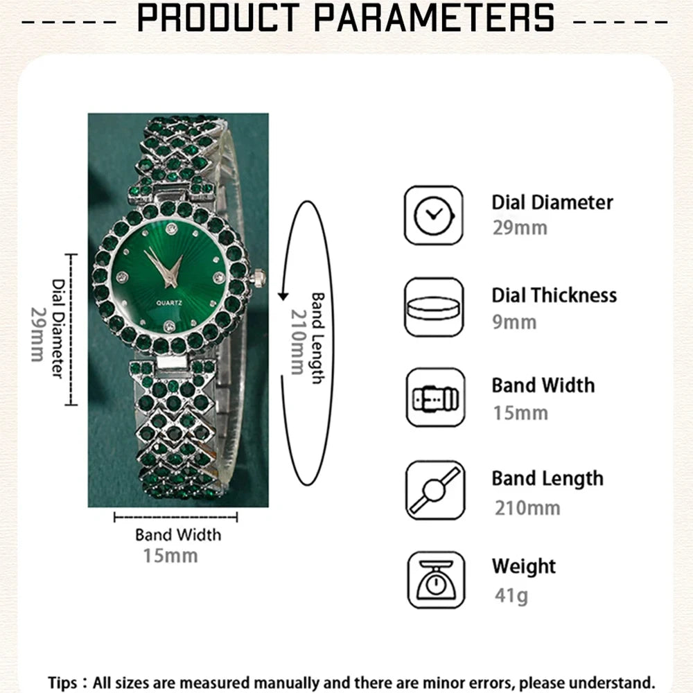Montre Femme « Emerald Luxe » – Strass, Quartz & Bracelet Métal – Élégante & Mode