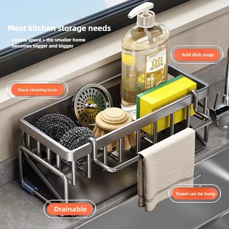 Étagère d’Évier en Acier Inoxydable – Support Torchons & Rangement Cuisine | Sans Perçage