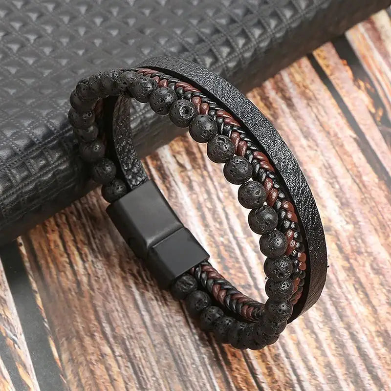 Bracelet en Cuir Multicouche Homme – Style Punk Classique | Tissé à la Main • Boucle Magnétique